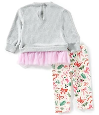 Rare Editions Baby Girls Long-Sleeve Bow-Appliqued Hacci Sweatshirt & Printed Leggings Set