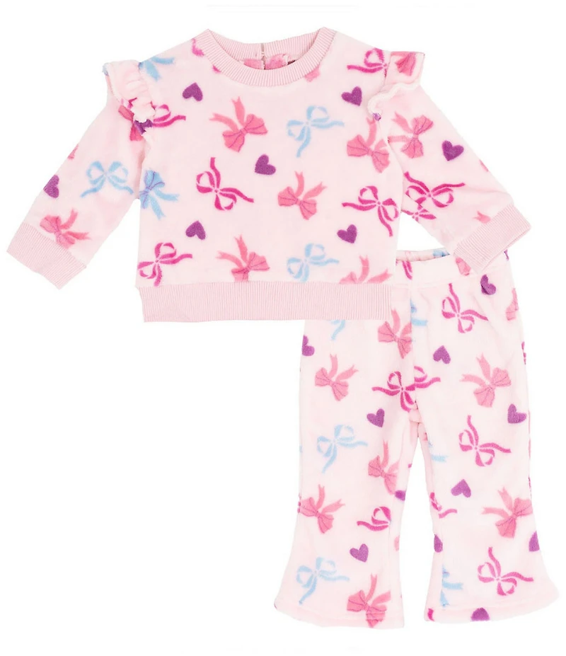 Rare Editions Baby Girls Long-Sleeve Bow/Heart-Printed Velour Sweatshirt & Matching Flared-Leg Velour Leggings Set