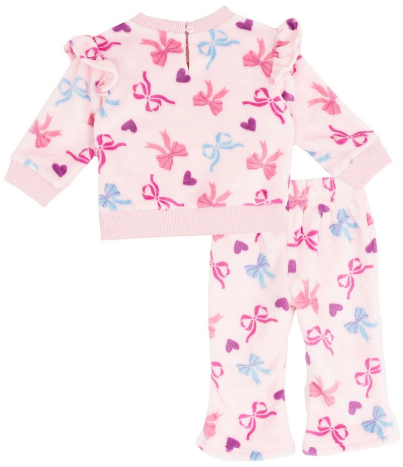 Rare Editions Baby Girls Long-Sleeve Bow/Heart-Printed Velour Sweatshirt & Matching Flared-Leg Velour Leggings Set