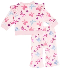 Rare Editions Baby Girls Long-Sleeve Bow/Heart-Printed Velour Sweatshirt & Matching Flared-Leg Velour Leggings Set