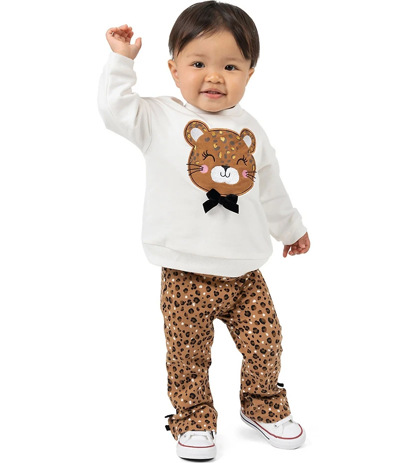 Rare Editions Baby Girls Long-Sleeve Cheetah-Appliqued Fleece Sweatshirt & Cheetah-Printed Knit Leggings Set