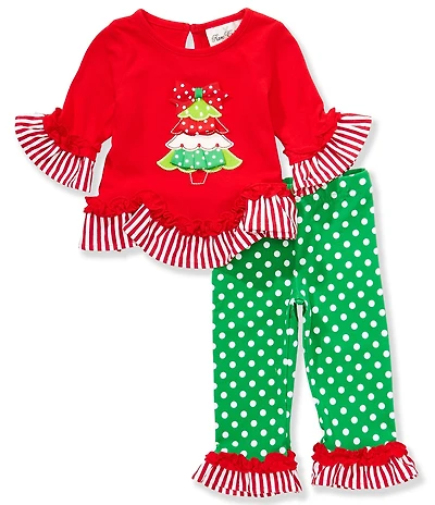 Rare Editions Baby Girls Long-Sleeve Christmas-Tree-Applique Tunic Top & Dotted Leggings Set