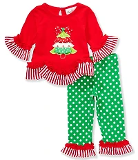 Rare Editions Baby Girls Long-Sleeve Christmas-Tree-Applique Tunic Top & Dotted Leggings Set