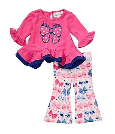 Rare Editions Baby Girls Long-Sleeve Dotted-Bow Top & Allover-Bow-Printed Leggings Set