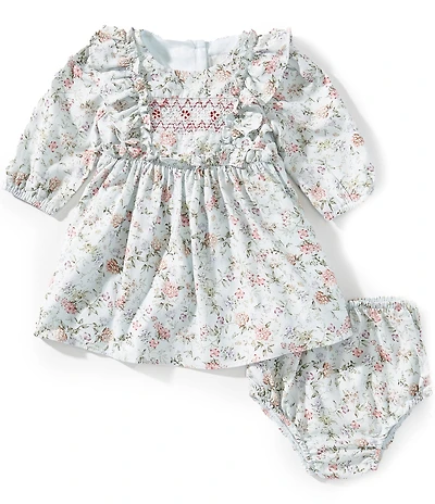 Rare Editions Baby Girls Long Sleeve Embroidered Smocked Dress