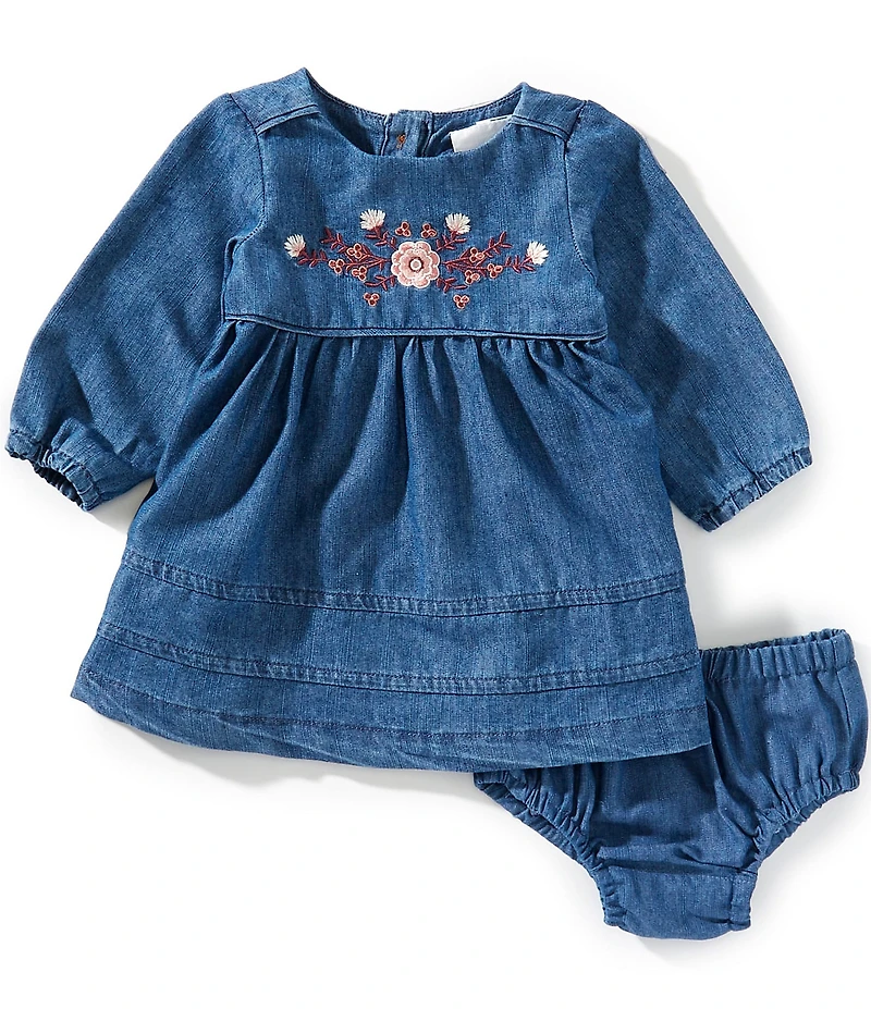 Rare Editions Baby Girls Long-Sleeve Embroidered-Yoke Empire-Waist Chambray Dress