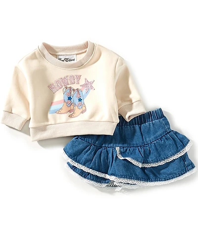 Rare Editions Baby Girls Long-Sleeve Fleece Sweatshirt & Lace-Trimmed Denim Skirt Set