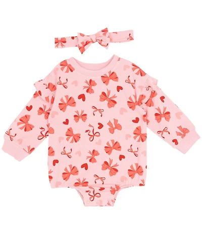 Rare Editions Baby Girls Long-Sleeve Heart/Bow-Printed Knit Bodysuit