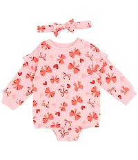 Rare Editions Baby Girls Long-Sleeve Heart/Bow-Printed Knit Bodysuit