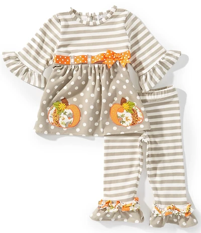 Rare Editions Baby Girls Long Sleeve Pumpkin Applique Tunic Top & Stripe Ruffle Hem Leggings Set