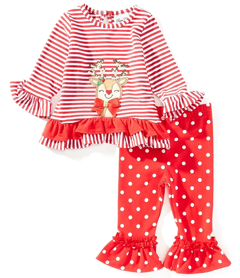 Rare Editions Baby Girls Long-Sleeve Reindeer Appliqued Tunic Top & Dotted Leggings Set