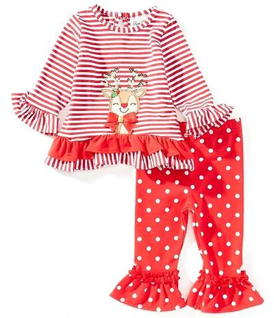 Rare Editions Baby Girls Long-Sleeve Reindeer Appliqued Tunic Top & Dotted Leggings Set