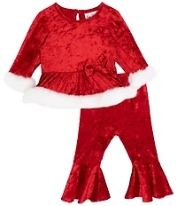 Rare Editions Baby Girls Long-Sleeve Santa Crushed Velvet Tunic Top & Matching Flared-Leg Leggings Set