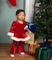 Rare Editions Baby Girls Long-Sleeve Santa Crushed Velvet Tunic Top & Matching Flared-Leg Leggings Set