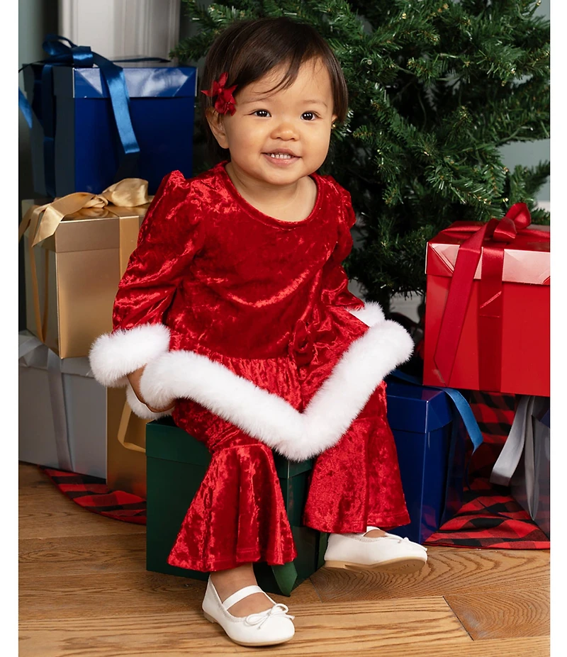Rare Editions Baby Girls Long-Sleeve Santa Crushed Velvet Tunic Top & Matching Flared-Leg Leggings Set