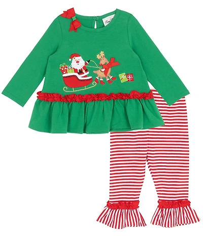 Rare Editions Baby Girls Long Sleeve Santa Sleigh Top & Striped Legging 2-Piece Set