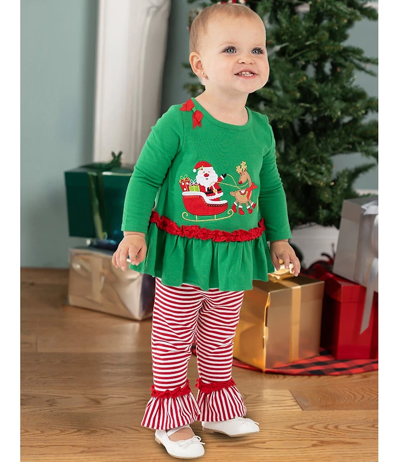 Rare Editions Baby Girls Long Sleeve Santa Sleigh Top & Striped Legging 2-Piece Set