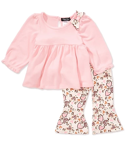 Rare Editions Baby Girls Long-Sleeve Solid Bow-Accented Tunic Top & Printed Flare-Leg Leggings Set