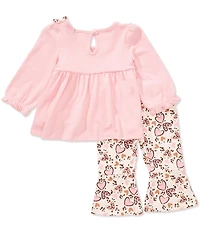 Rare Editions Baby Girls Long-Sleeve Solid Bow-Accented Tunic Top & Printed Flare-Leg Leggings Set