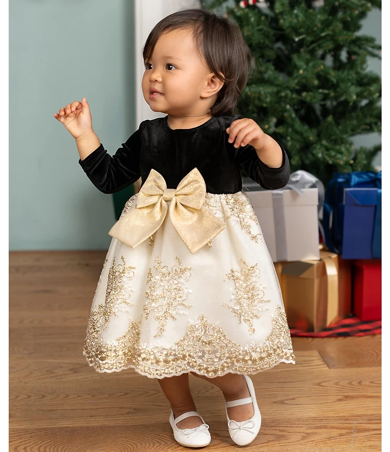 Rare Editions Baby Girls Long-Sleeve Velvet-Bodice/Embroidered-Skirted Fit-And-Flare Dress