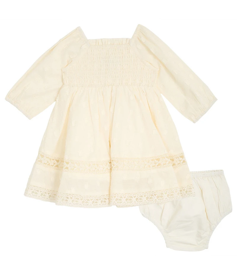 Rare Editions Baby Girls Long Sleeve Woven Clip Dot Lace Dress