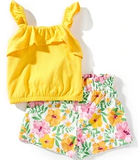 Rare Editions Baby Girls Ruffle Knit Sleeveless Top & Floral Printed Shorts Set