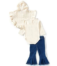Rare Editions Baby Girls Printed Hooded Knit Poncho & Denim Flare-Leg Pants Set