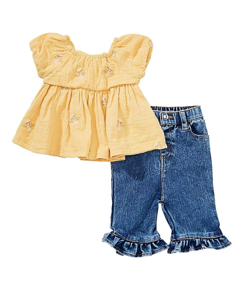 Rare Editions Baby Girls Puffed-Sleeve Floral Tunic & Ruffle-Hem Jeans Set