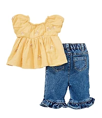 Rare Editions Baby Girls Puffed-Sleeve Floral Tunic & Ruffle-Hem Jeans Set