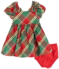 Rare Editions Baby Girls Puffed Sleeve Metallic Plaid Fit-And-Flare Dress
