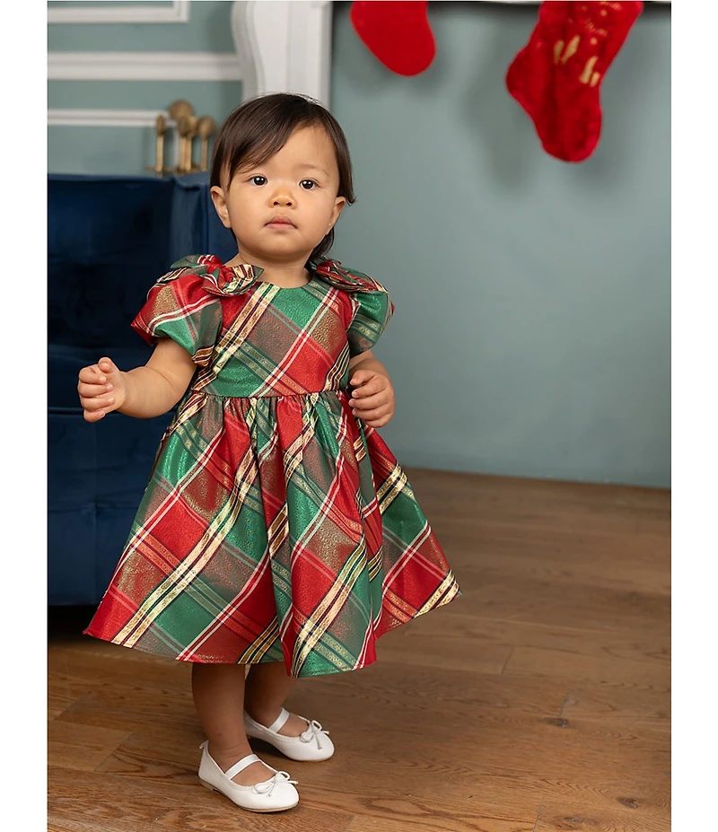 Rare Editions Baby Girls Puffed Sleeve Metallic Plaid Fit-And-Flare Dress