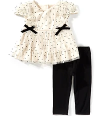 Rare Editions Baby Girls Puffed-Sleeve Polka-Dot Mesh Dress & Knit Leggings Set
