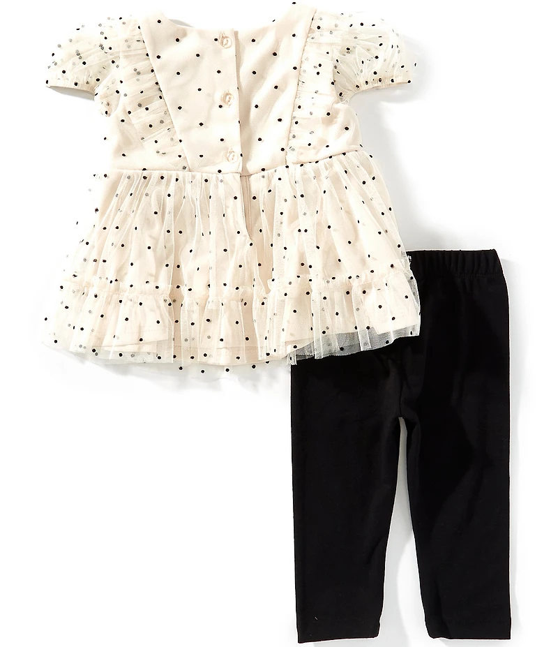 Rare Editions Baby Girls Puffed-Sleeve Polka-Dot Mesh Dress & Knit Leggings Set