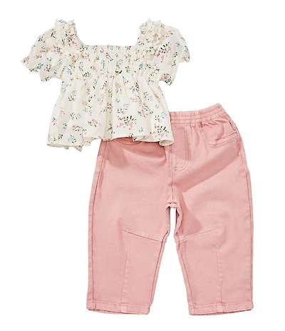 Rare Editions Baby Girls Puffed-Sleeve Printed Top & Solid Denim Pants Set