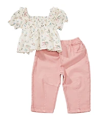 Rare Editions Baby Girls Puffed-Sleeve Printed Top & Solid Denim Pants Set