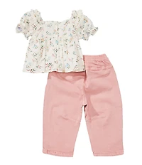 Rare Editions Baby Girls Puffed-Sleeve Printed Top & Solid Denim Pants Set