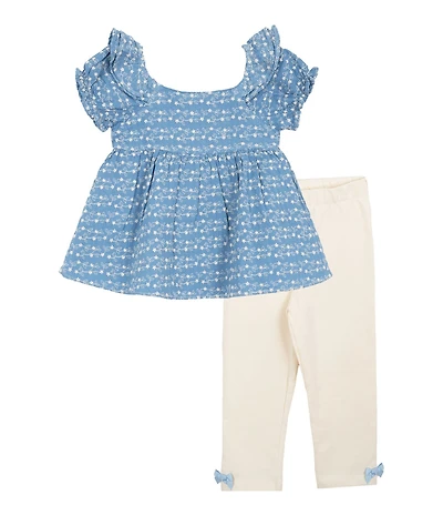 Rare Editions Baby Girls Puffed-Sleeve Printed Woven Blouse & Solid Knit Leggings Set