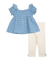 Rare Editions Baby Girls Puffed-Sleeve Printed Woven Blouse & Solid Knit Leggings Set