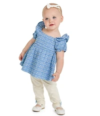 Rare Editions Baby Girls Puffed-Sleeve Printed Woven Blouse & Solid Knit Leggings Set