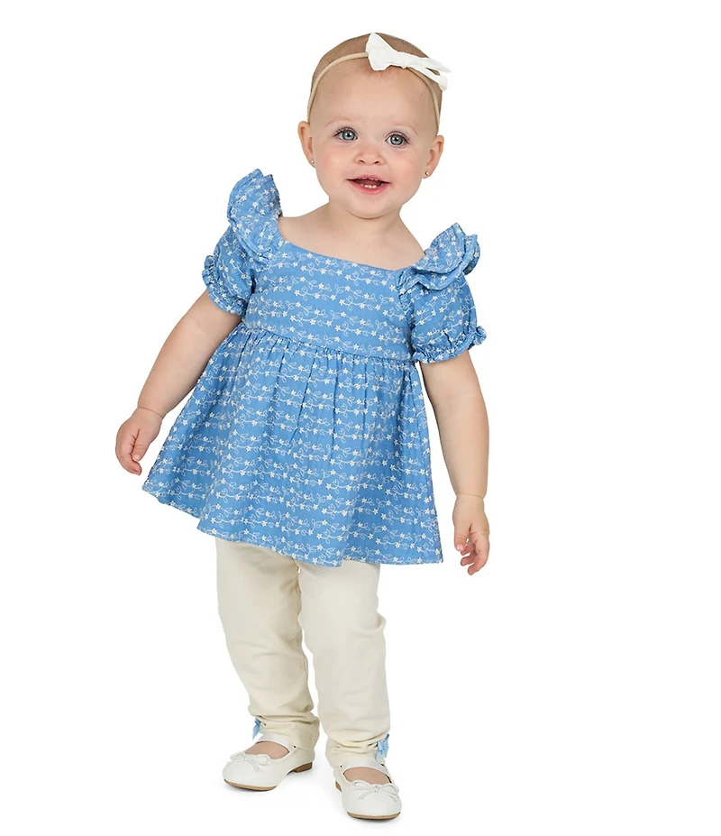 Rare Editions Baby Girls Puffed-Sleeve Printed Woven Blouse & Solid Knit Leggings Set