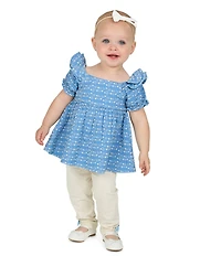 Rare Editions Baby Girls Puffed-Sleeve Printed Woven Blouse & Solid Knit Leggings Set