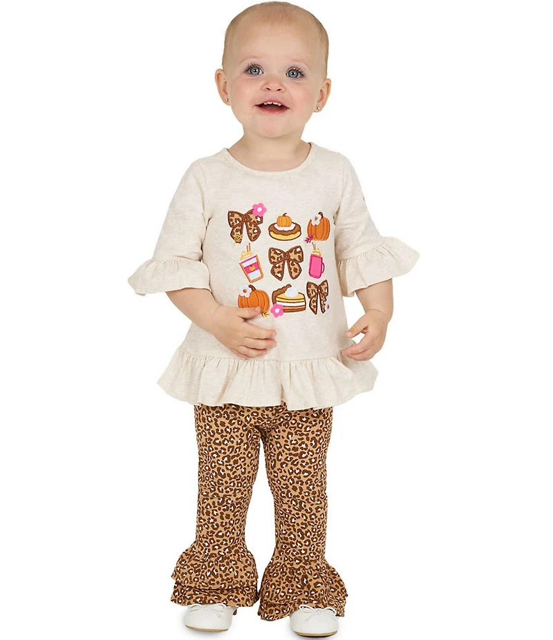 Rare Editions Baby Girls Ruffle Short Sleeve Graphic Design Top & Cheetah Legging Pants Set