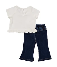 Rare Editions Baby Girls Short Sleeve Cheetah-Printed Bow-Motif T-Shirt & Stretch Denim Flare-Leg Pant Set