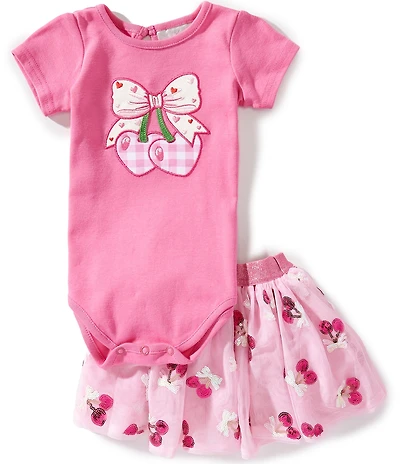Rare Editions Baby Girls Short-Sleeve Cherry Heart Appliqued Bodysuit & Coordinating Printed Tutu Skirt Set