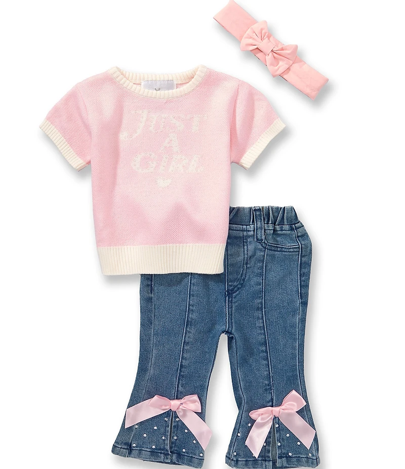 Rare Editions Baby Girls Short Sleeve Just A Girl Sweater & Embellished Bow Jeans 2-Piece Set