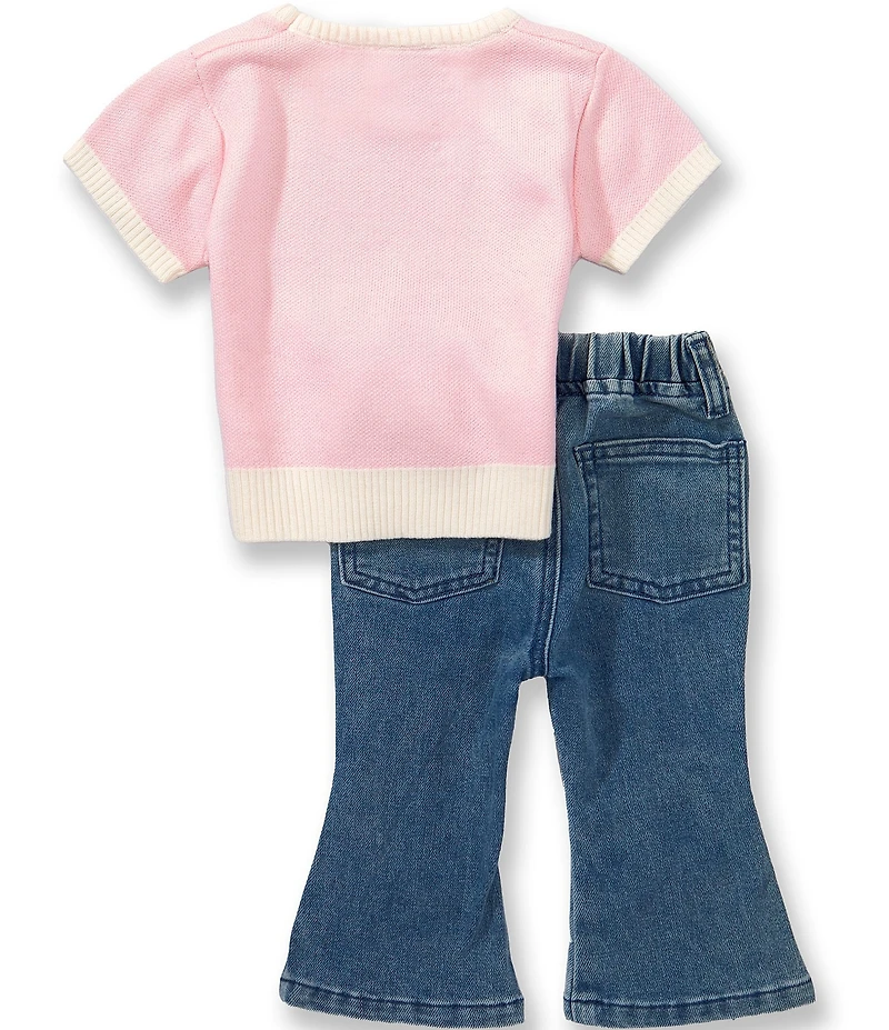 Rare Editions Baby Girls Short Sleeve Just A Girl Sweater & Embellished Bow Jeans 2-Piece Set