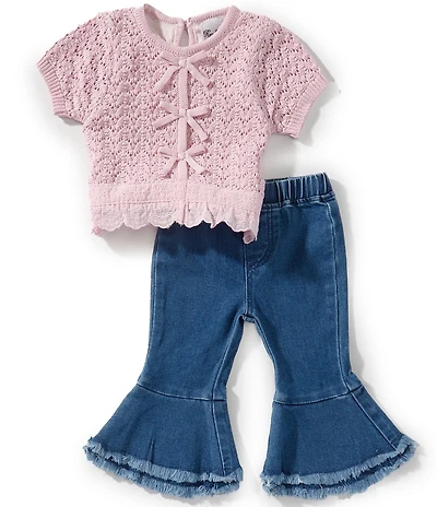 Rare Editions Baby Girls Short Sleeve Lined Sweater & Pull-On Ruffle Hem Jeans 2-Piece Set