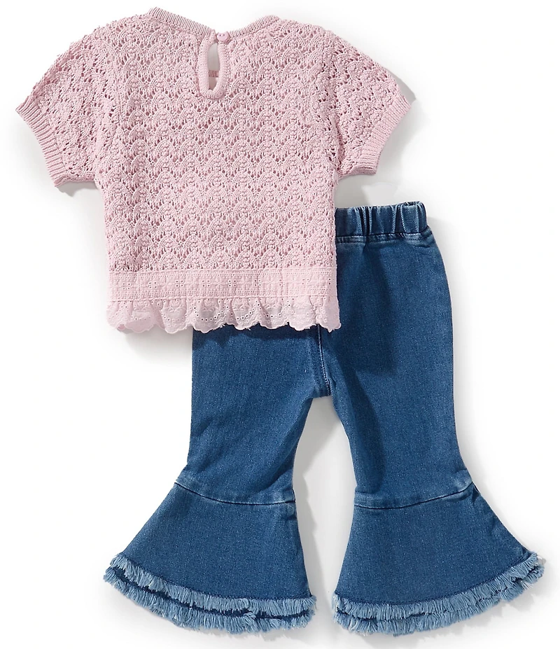 Rare Editions Baby Girls Short Sleeve Lined Sweater & Pull-On Ruffle Hem Jeans 2-Piece Set