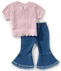 Rare Editions Baby Girls Short Sleeve Lined Sweater & Pull-On Ruffle Hem Jeans 2-Piece Set