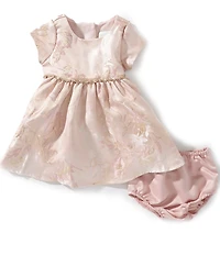Rare Editions Baby Girls Short Sleeve Rhinestone Embellished Waist Metallic Brocade Dress